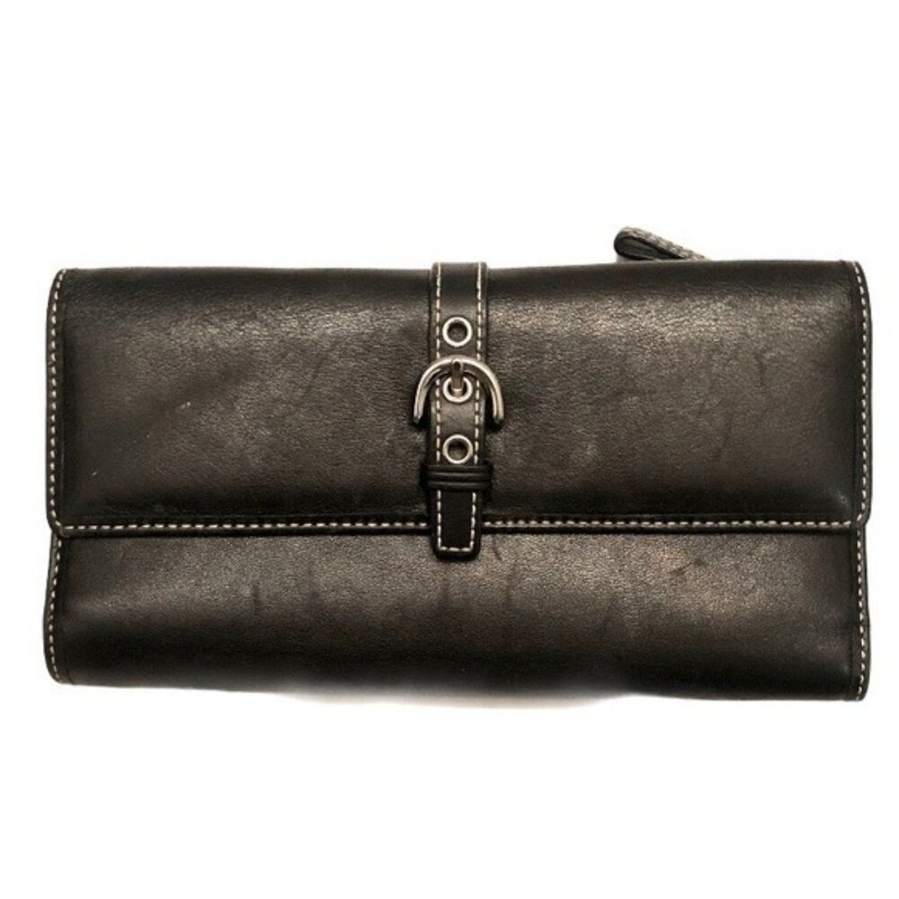 Coach Black Leather Buckle  Bi-Fold Check Book Wallet